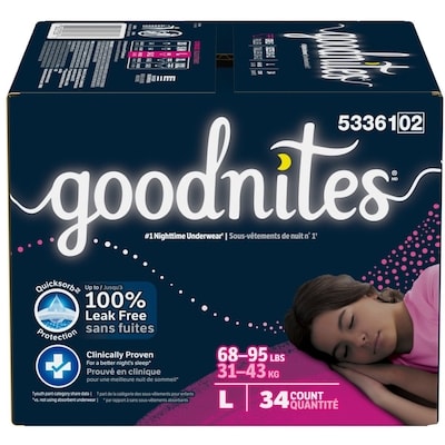 GoodNites Sous-vêtements de nuit pour filles, G, 34 sous-vêtements 34 ea, 1,06 $/1ch