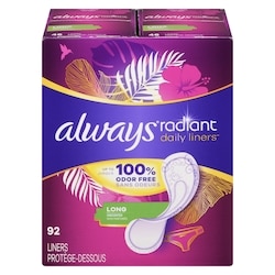 Radiant Daily Liners Light Absorbency, Long Length, Up to 100% Odor Free and Fragrance Free, with Edge-2-Edge Adhesive, 92 Count