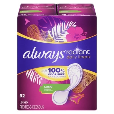 Always Radiant Daily Liners Light Absorbency, Long Length, Up to 100% Odor Free and Fragrance Free, with Edge-2-Edge Adhesive, 92 Count 92 ea, $0.13/1ea