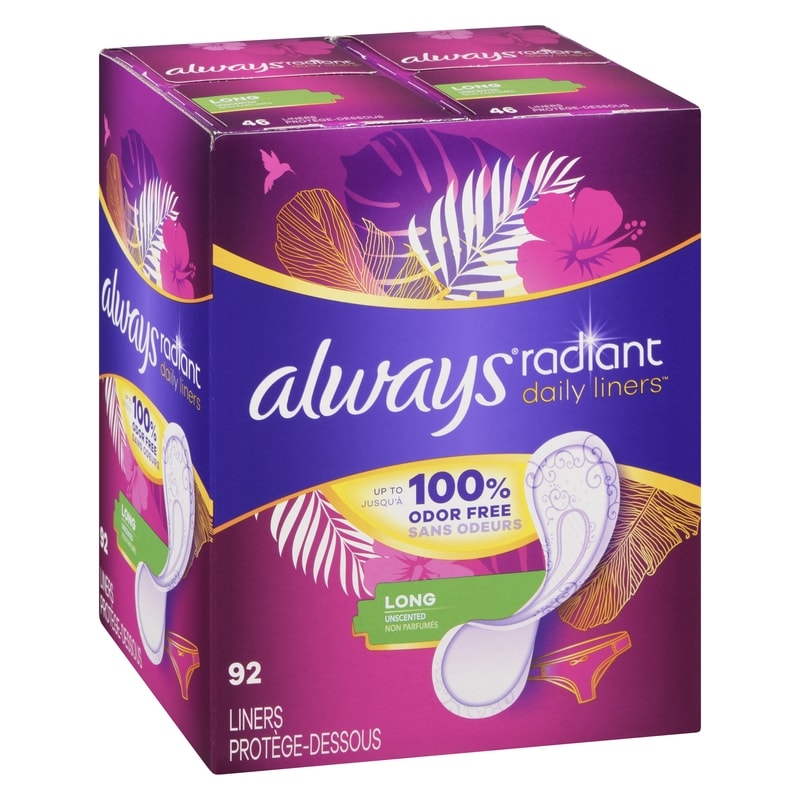 Radiant Daily Liners Light Absorbency, Long Length, Up to 100% Odor Free and Fragrance Free, with Edge-2-Edge Adhesive, 92 Count