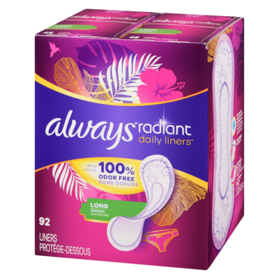 Radiant Daily Liners Light Absorbency, Long Length, Up to 100% Odor Free and Fragrance Free, with Edge-2-Edge Adhesive, 92 Count