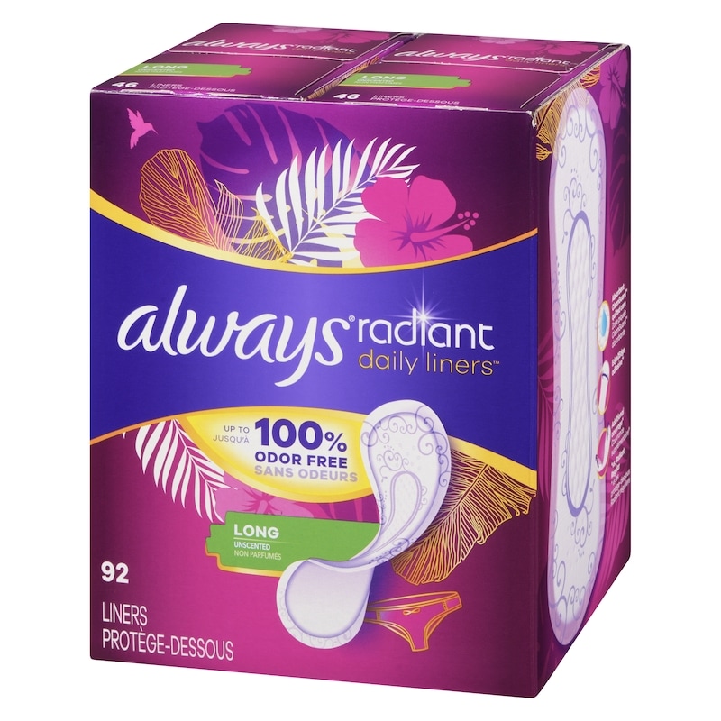 Radiant Daily Liners Light Absorbency, Long Length, Up to 100% Odor Free and Fragrance Free, with Edge-2-Edge Adhesive, 92 Count