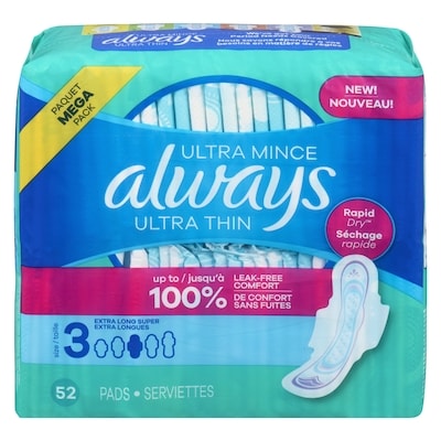 Always Ultra Thin Feminine Pads with Wings for Women, Size 3, Extra Long Super Absorbency, Unscented, 52 Count 52 ea, $0.32/1ea