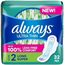 Always Ultra Thin Feminine Pads with Wings for Women, Size 2, Long Super Absorbency, Unscented, 32 Count 32 ea, $0.38/1ea