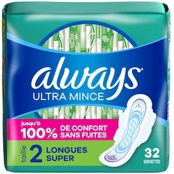 Always Serviettes féminines Ultra Thin, longues, degré d’absorption super, avec ailes, pour femmes, taille 2, non parfumées, 32 serviettes 32 ea, 0,38 $/1ch