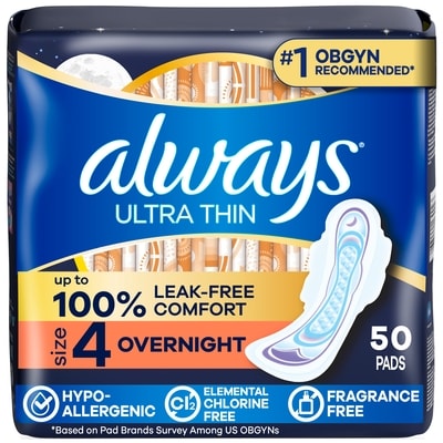 Always Ultra Thin Overnight Pads with Flexi-Wings, Size 4, Overnight, Unscented, 50 Count 50 ea, $0.36/1ea