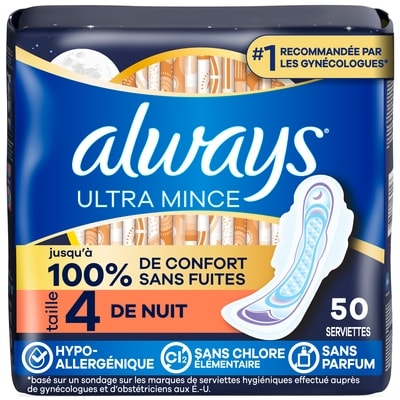 Always Serviettes Ultra Thin, de nuit, avec ailes Flexi-Wings, taille 4, non parfumées, 50 serviettes 50 ea, 0,34 $/1ch