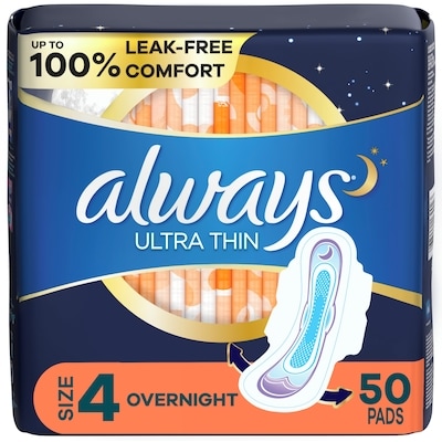 Always Serviettes Ultra Thin, de nuit, avec ailes Flexi-Wings, taille 4, non parfumées, 50 serviettes 50 ea, 0,34 $/1ch