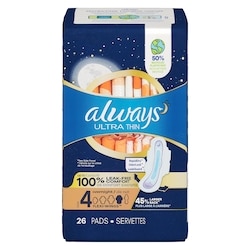 Always Serviettes Ultra Thin, de nuit, avec ailes Flexi-Wings, taille 4, non parfumées, 26 serviettes 26 ea, 0,46 $/1ch