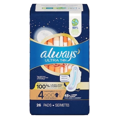 Always Serviettes Ultra Thin, de nuit, avec ailes Flexi-Wings, taille 4, non parfumées, 26 serviettes 26 ea, 0,60 $/1ch
