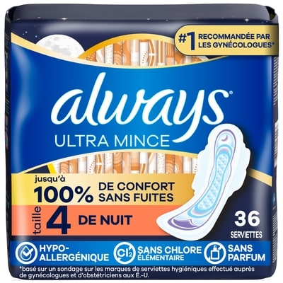 Always Serviettes Ultra Thin, de nuit, avec ailes Flexi-Wings, taille 4, non parfumées, 36 serviettes 36 ea, 0,33 $/1ch