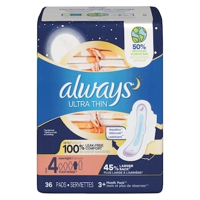 Always Serviettes Ultra Thin, de nuit, avec ailes Flexi-Wings, taille 4, non parfumées, 36 serviettes 36 ea, 0,35 $/1ch