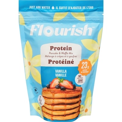 Flourish Mélange à Crêpes et Gaufres Protéiné Vanille  430 g, 2,90 $/100g