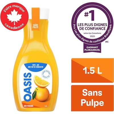 Oasis Jus d’orange sans pulpe non fait de concentré 1.5 l, 0,45 $/100ml
