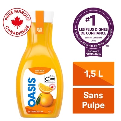 Oasis Jus d’orange sans pulpe non fait de concentré 1.5 l, 0,33 $/100ml