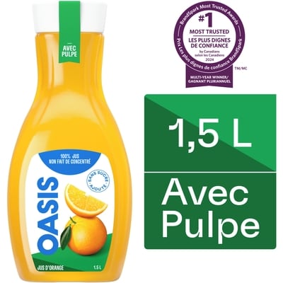 Oasis Jus d’orange avec pulpe non fait de concentré 1.5 l, 0,45 $/100ml