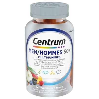 Centrum MultiGummies Hommes 50+, un supplément gélifié complet de vitamines et de minéraux, saveurs de pommes sûres, fruits tropicaux et baies mélangées, en format de 120 gelées 120 ea, 0,15 $/1ch