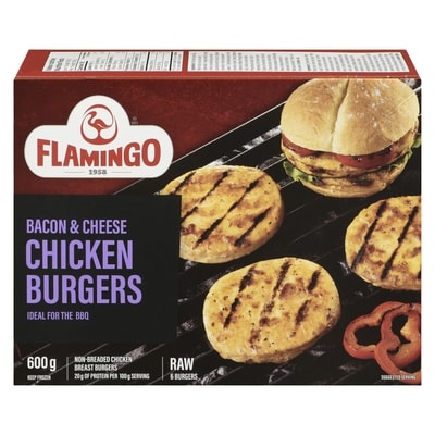 Flamingo Bacon & Cheese Chicken Burger 6 Burgers 600 g 600 g, $1.67/100g