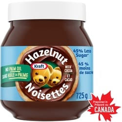 Kraft Tartinade aux noisettes et cacao, moins de sucre 725 g, 1,03 $/100g
