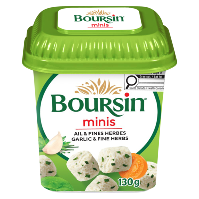 Boursin Fresh Soft White Cheese Minis Garlic & Fine Herbs 39 % M.F. 130 g, $4.22/100g