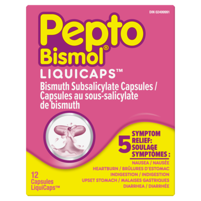 Pepto Bismol LiquiCaps, nausée, brûlures d’estomac, indigestion, malaises gastriques, diarrhée, 12 u 12 ea, 0,75 $/1ch