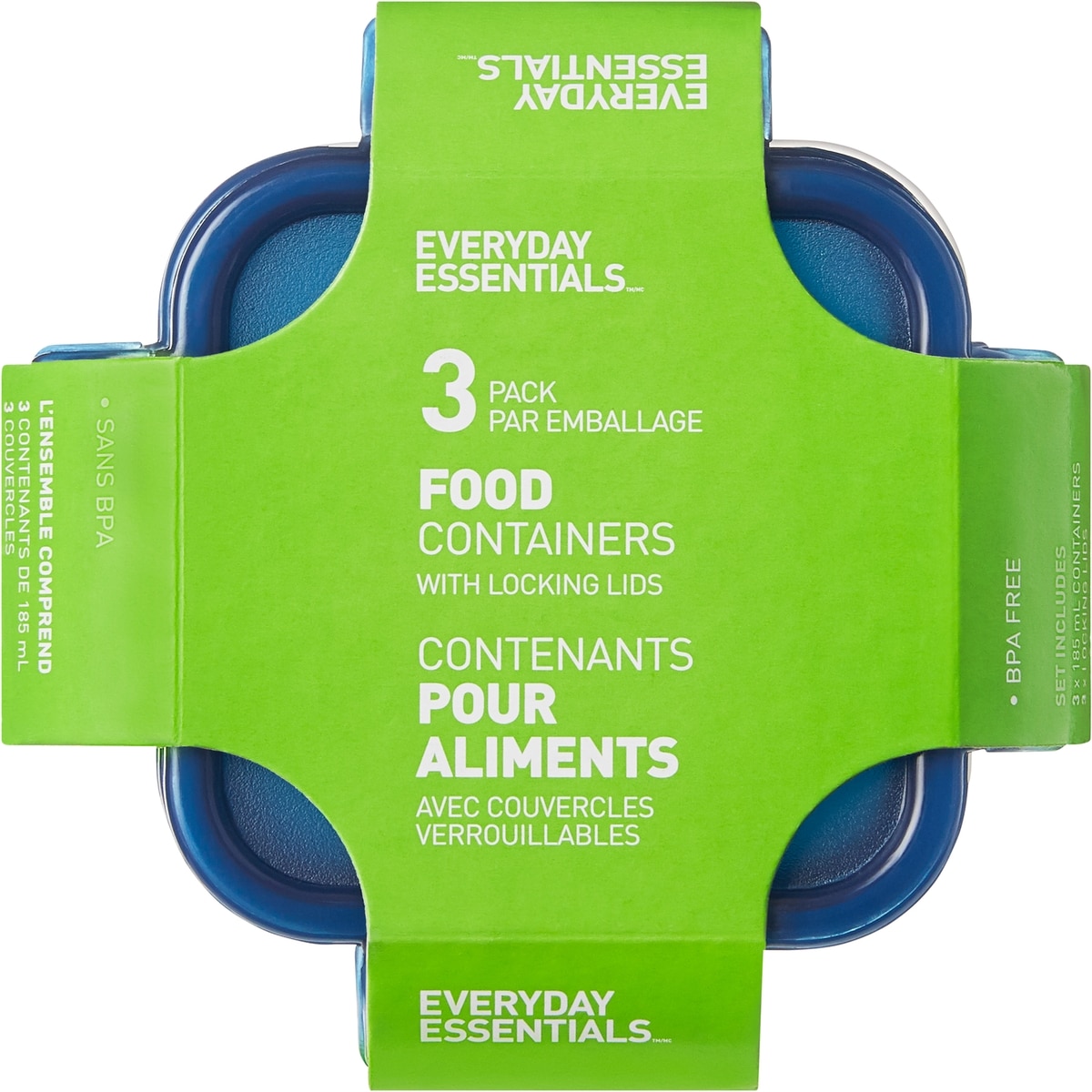 Everyday Essentials Contenant pour aliments avec couvercles verrouillables 185 mL 3 ea, 1,33 $/1ch