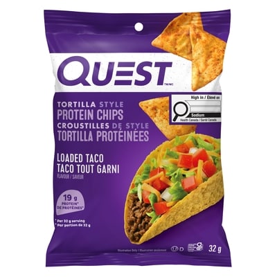 Quest croustilles de style tortilla protéinées – Saveur Taco Tout Garni 32 g, 14,03 $/100g