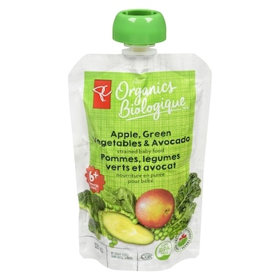 PC Biologique Nourriture en purée pour bébés pommes, legumes verts et avocat 128 ml, 0,78 $/100ml