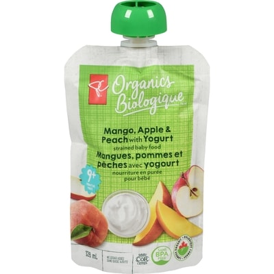PC Biologique Nourriture en purée pour bébés mangues, pommes et pêches avec yogourt  128 ml, 0,78 $/100ml