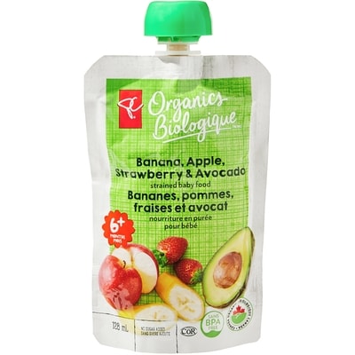 PC Biologique Nourriture en purée Biologique pour bébé – bananes, pommes, fraises et avocat 128 ml, 0,78 $/100ml