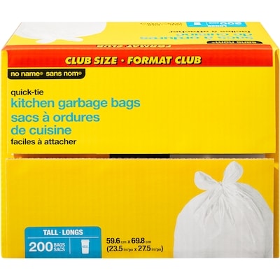 No Name Tall Quick Tie Kitchen Garbage Bags Club Size 200 ea, $0.12/1ea