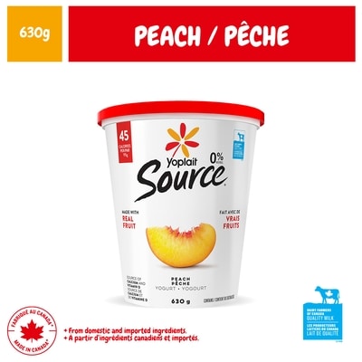 Yoplait Source 0% Smooth Traditional Yogurt, Peach, No Added Sugar 630 g, $0.71/100g