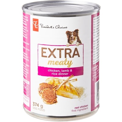 President's Choice Extra Meaty Chicken Lamb and Rice Dinner Dog Food 374 g, $0.75/100g