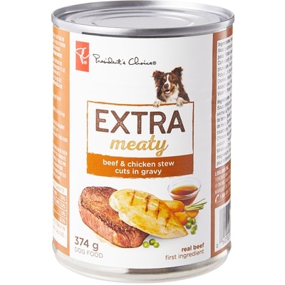 President's Choice Dog Food, Extra Meaty Beef & Chicken Stew Cuts in Gravy  374 g, $0.75/100g