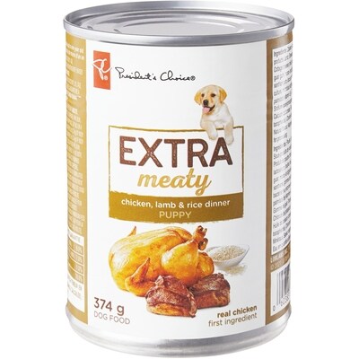President's Choice Extra Meaty Chicken Lamb and Rice Dinner Dog Food 374 g, $0.75/100g