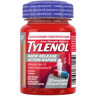 Tylenol Comprimés d'acétaminophène usp extra fort 500 mg chacune 120 ea, 0,25 $/1ch