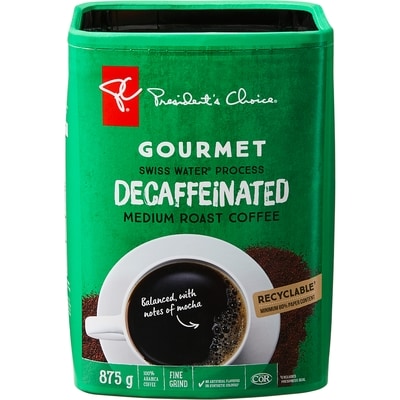 President's Choice Gourmet Swiss Water Process Decaffeinated Medium Roast Fine Grind Coffee 875 g, $2.86/100g