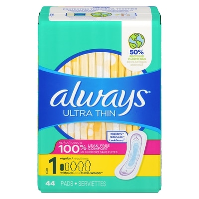 Always Serviettes féminines Ultra Thin, degré d’absorption régulier, sans ailes, pour femmes, taille 1, non parfumées, 44 serviettes 44 ea, 0,32 $/1ch