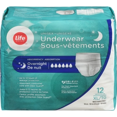 Life Brand Overnight Underwear XL  12 ea, $1.25/1ea