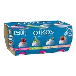 Oikos Greek Yogurt, Raspberry-Pomegranate/Key Lime/Vanilla/Strawberry-Banana, Blended 2% M.F. 12x100.0 g, $0.92/100g