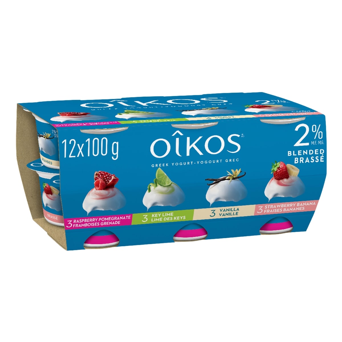 Oikos Greek Yogurt, Raspberry-Pomegranate/Key Lime/Vanilla/Strawberry-Banana, Blended 2% M.F. 12x100.0 g, $1.08/100g