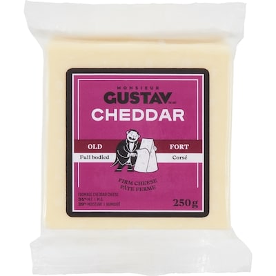 Monsieur Gustav Cheddar Cheese Old White 34% M.F. 250 g, $3.52/100g