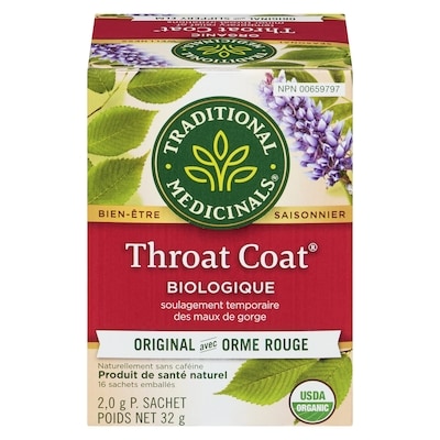 Traditional Medicinals Throat Coat Original Avec Orme Rouge Biologique Sachets Emballés 16 ea, 0,44 $/1ch