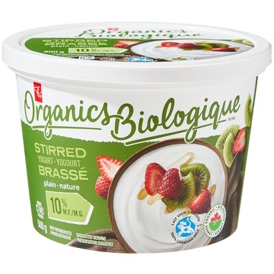 PC Biologique Yogourt brassé nature 10 % m.g. 500 g, 1,30 $/100g