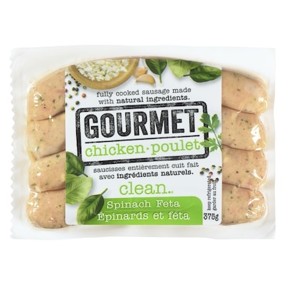 Clean Fully Cooked Sausage Gourmet Chicken Spinach Feta 375 g, $1.86/100g