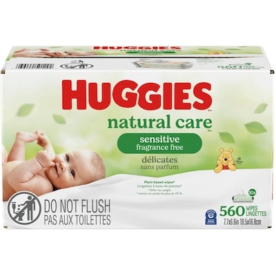 Huggies Lingettes pour bébés Natural Care pour peau sensible, NON PARFUMÉES, 10 emballages à couvercle rabattable, total de 560 lingettes 560 ea, 0,04 $/1ch