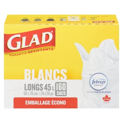Glad Sacs Blancs Longs 45 L Emballage Écono 160 ea, 0,18 $/1ch