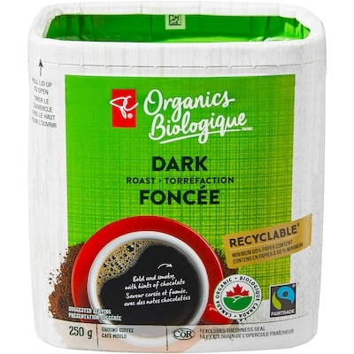 PC Organics Dark Roast Ground Coffee, Organic 250 g, $4.00/100g