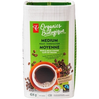 PC Biologique Café en grains Biologique à torréfaction moyenne 454 g, 3,74 $/100g