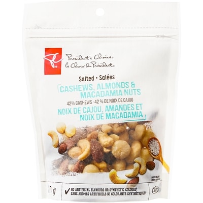 President's Choice Salted Cashews Almonds and Macadamia Nuts 200 g, $4.50/100g